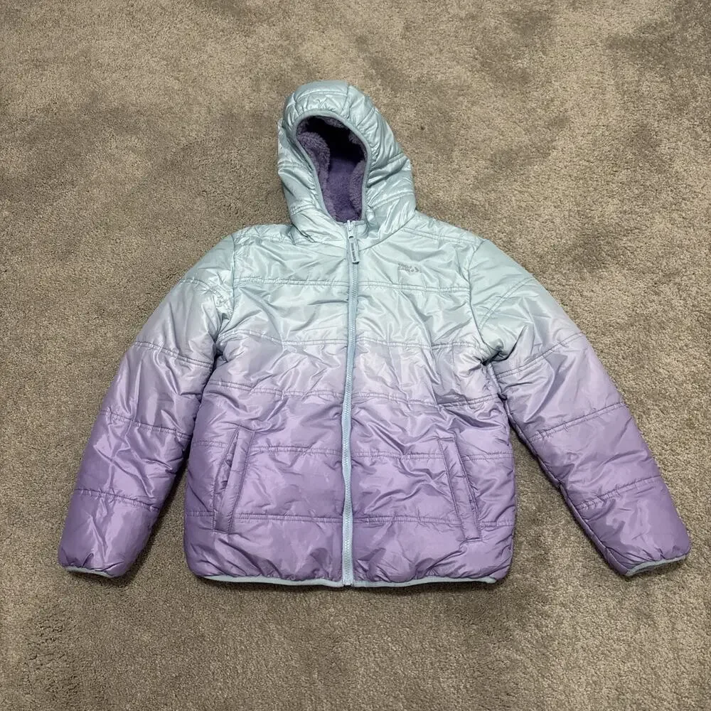 Eddie Bauer Kids Ombre Puffer Jacket L (14/16) Fleece Blue Purple Reversible